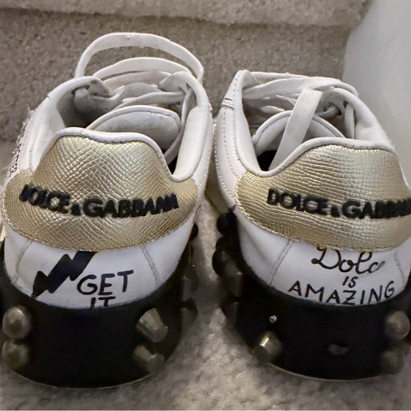 DOLCE & GABBANA DG Logo Heart Pearl Logo Low Top Sneaker PORTOFINO White Gold 7W - Picture 8 of 13